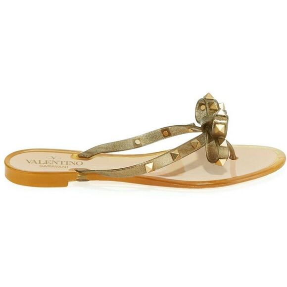Valentino Rockstud Jelly Bow Bronze Rubber Thong Flat Slide Flip Flop Sandal 35 - Picture 3 of 11